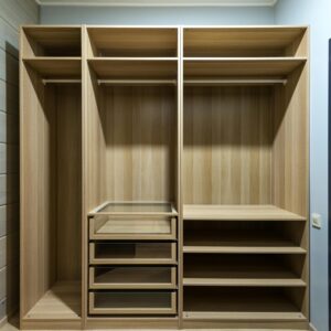 Contemporary wooden wardrobe with shelves and drawers, ideal for minimalist interior design.